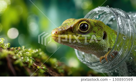 Close-up of a green lizard emerging from a plastic bottle in a lush forest environment with blurred background and sunlight reflections Close-up of a green lizard emerging from a plastic bottle in a lush forest environment with blurred background and sunlight reflections 130893569