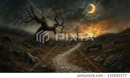 Enchanted path through eerie forest under crescent moon and dramatic night sky 130893577