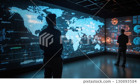 Silhouettes analyzing digital world map in high-tech control room 130893584