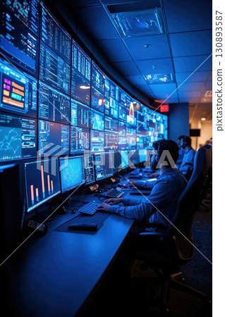 Cybersecurity analysts monitoring real-time threats in a high-tech operations center Cybersecurity analysts monitoring real-time threats in a high-tech operations center 130893587