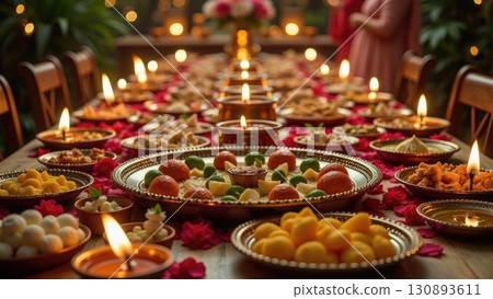 Lavish Diwali Festival Feast Table with Sweets Snacks and Oil Lamps. India 130893611