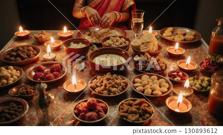 Lavish Diwali Festival Feast Table with Sweets Snacks and Oil Lamps. India Lavish Diwali Festival Feast Table with Sweets Snacks and Oil Lamps. India 130893612