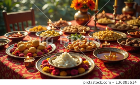 Lavish Diwali Festival Feast Table with Sweets Snacks and Oil Lamps. India Lavish Diwali Festival Feast Table with Sweets Snacks and Oil Lamps. India 130893614