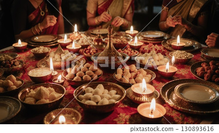 Lavish Diwali Festival Feast Table with Sweets Snacks and Oil Lamps. India Lavish Diwali Festival Feast Table with Sweets Snacks and Oil Lamps. India 130893616