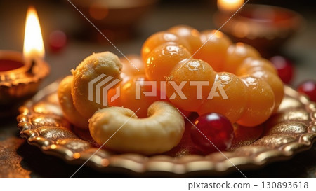 Macro Close-Up of Glistening Indian Sweets Jalebi and Ladoo for Diwali. Macro Close-Up of Glistening Indian Sweets Jalebi and Ladoo for Diwali. 130893618