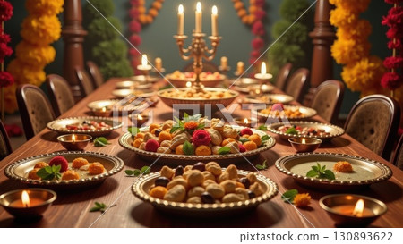 Lavish Diwali Festival Feast Table with Sweets Snacks and Oil Lamps. India 130893622