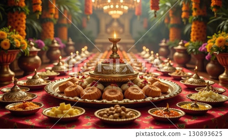 Lavish Diwali Festival Feast Table with Sweets Snacks and Oil Lamps. India 130893625