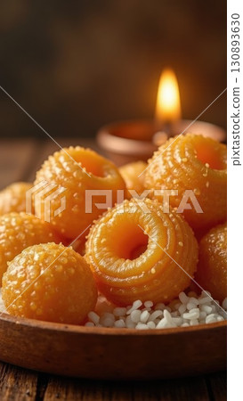 Macro Close-Up of Glistening Indian Sweets Jalebi and Ladoo for Diwali. 130893630