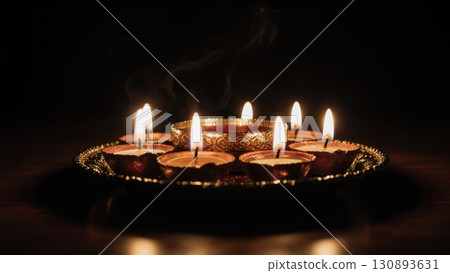 Warm Diya Light Illuminating Diwali Sweets Thali in Moody Still Life 130893631