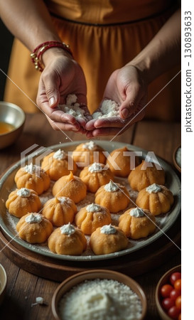 Hands Arranging Sweets on Diwali Thali Tray in Kitchen Preparation 130893633