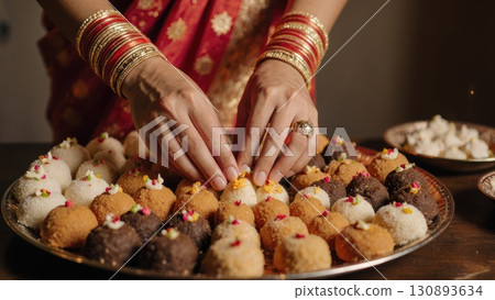 Hands Arranging Sweets on Diwali Thali Tray in Kitchen Preparation Hands Arranging Sweets on Diwali Thali Tray in Kitchen Preparation 130893634