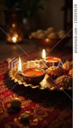 Warm Diya Light Illuminating Diwali Sweets Thali in Moody Still Life Warm Diya Light Illuminating Diwali Sweets Thali in Moody Still Life 130893639