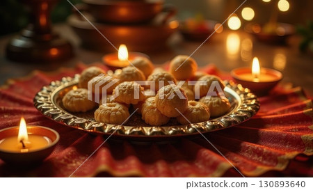 Warm Diya Light Illuminating Diwali Sweets Thali in Moody Still Life 130893640