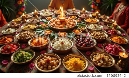 Lavish Diwali Festival Feast Table with Sweets Snacks and Oil Lamps. India 130893642