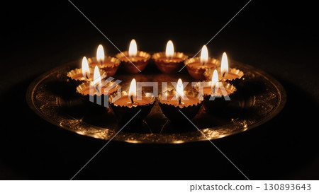 Warm Diya Light Illuminating Diwali Sweets Thali in Moody Still Life 130893643