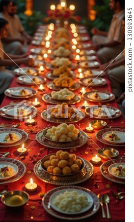 Lavish Diwali Festival Feast Table with Sweets Snacks and Oil Lamps. India Lavish Diwali Festival Feast Table with Sweets Snacks and Oil Lamps. India 130893645