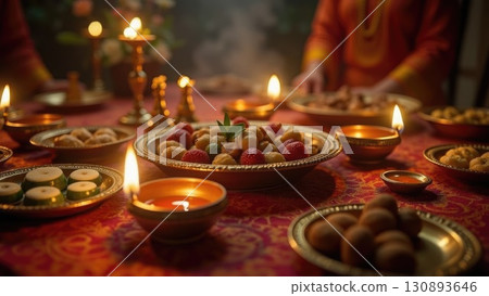 Warm Diya Light Illuminating Diwali Sweets Thali in Moody Still Life Warm Diya Light Illuminating Diwali Sweets Thali in Moody Still Life 130893646