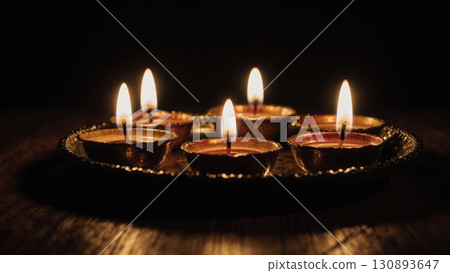 Warm Diya Light Illuminating Diwali Sweets Thali in Moody Still Life Warm Diya Light Illuminating Diwali Sweets Thali in Moody Still Life 130893647