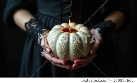 Elegant Hands in Black Lace Holding White Victorian Jack-o-Lantern Elegant Hands in Black Lace Holding White Victorian Jack-o-Lantern 130893663