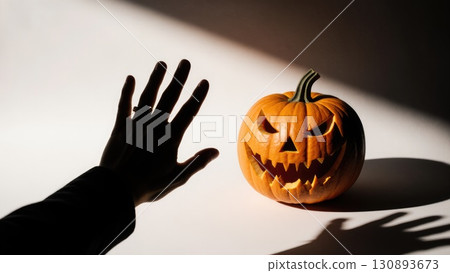 Minimalist Ghost Hands with Pumpkin Casting a Large Menacing Shadow Minimalist Ghost Hands with Pumpkin Casting a Large Menacing Shadow 130893673