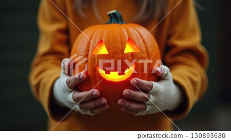 Child's Mummy Hands Holding Friendly Smiling Jack-o-Lantern Pumpkin Child's Mummy Hands Holding Friendly Smiling Jack-o-Lantern Pumpkin 130893680