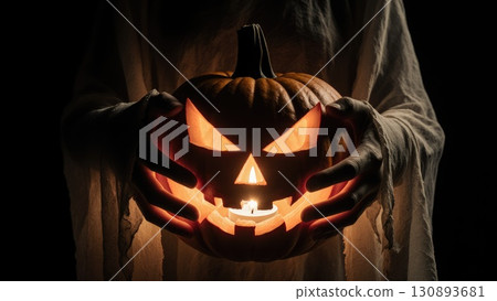 Ghost Hands Holding Glowing Jack-o-Lantern Pumpkin with Spooky Light Ghost Hands Holding Glowing Jack-o-Lantern Pumpkin with Spooky Light 130893681