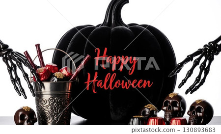 Elegant Skeletal Hands Arranging Dark Candy on Velvet Halloween 130893683