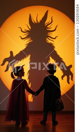 Kids in Costumes Casting Huge Monster Shadows on Wall on Halloween 130893684