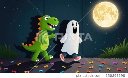 Children in Cute Costumes Casting Playful Cartoon Shadows on Halloween Children in Cute Costumes Casting Playful Cartoon Shadows on Halloween 130893698