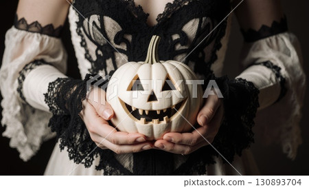 Elegant Hands in Black Lace Holding White Victorian Jack-o-Lantern 130893704