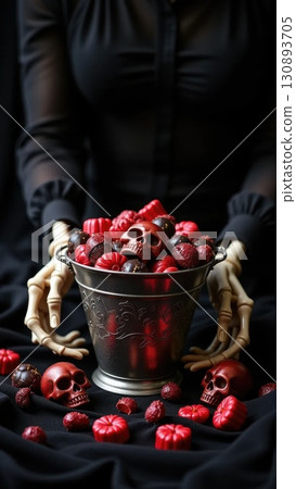 Elegant Skeletal Hands Arranging Dark Candy on Velvet Halloween 130893705