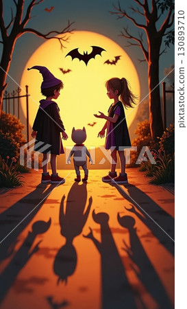 Children in Cute Costumes Casting Playful Cartoon Shadows on Halloween 130893710