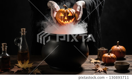 Ghost Hands Holding Pumpkin over Witch Cauldron with Spooky Smoke 130893711