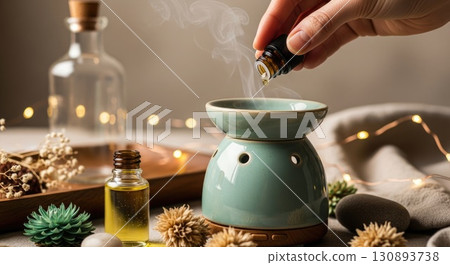 Hand Adding Essential Oil to Boho Diffuser 130893738