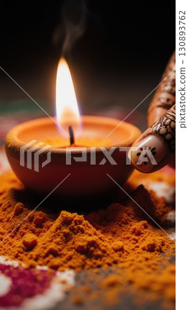 Dashahra, India. Macro Texture of Rangoli Powder and Terracotta Diya with Flame Dashahra, India. Macro Texture of Rangoli Powder and Terracotta Diya with Flame 130893762