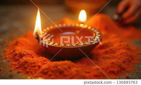 Dashahra, India. Macro Texture of Rangoli Powder and Terracotta Diya with Flame 130893763