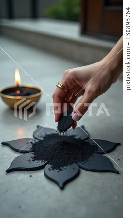 Modern Minimalist Geometric Rangoli with Black Powder and Brass Diya. Dashahra, India. Modern Minimalist Geometric Rangoli with Black Powder and Brass Diya. Dashahra, India. 130893764