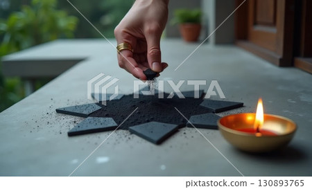 Modern Minimalist Geometric Rangoli with Black Powder and Brass Diya. Dashahra, India. Modern Minimalist Geometric Rangoli with Black Powder and Brass Diya. Dashahra, India. 130893765