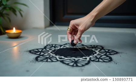 Modern Minimalist Geometric Rangoli with Black Powder and Brass Diya. Dashahra, India. Modern Minimalist Geometric Rangoli with Black Powder and Brass Diya. Dashahra, India. 130893771