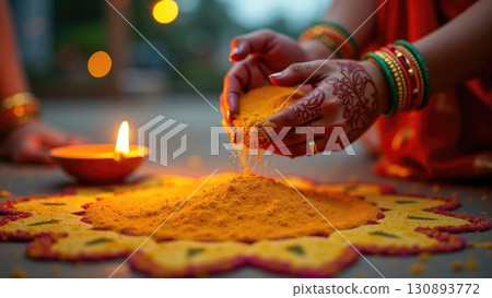Top View of Colorful Rangoli Pattern with Lit Diya Lamp During Diwali. Dashahra, India. Top View of Colorful Rangoli Pattern with Lit Diya Lamp During Diwali. Dashahra, India. 130893772