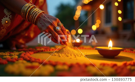 Top View of Colorful Rangoli Pattern with Lit Diya Lamp During Diwali. Dashahra, India. 130893775