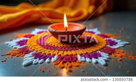 Top View of Colorful Rangoli Pattern with Lit Diya Lamp During Diwali. Dashahra, India. 130893786