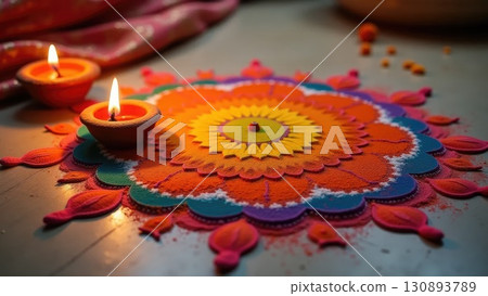 Top View of Colorful Rangoli Pattern with Lit Diya Lamp During Diwali. Dashahra, India. 130893789