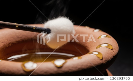 Macro Shot of Spark Igniting Wick on Diya Oil Lamp Moment of Light. Dashahra, India. 130893790