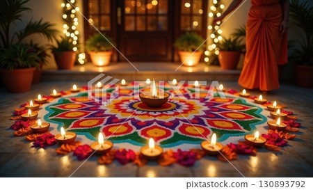 Dashahra, India. Complete Rangoli with Many Lit Diya Lamps at House Entrance on Diwali 130893792