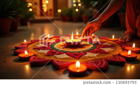 Dashahra, India. Complete Rangoli with Many Lit Diya Lamps at House Entrance on Diwali 130893793