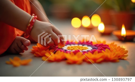 Dashahra, India. Child and Adult Hands Creating Rangoli Together with Flower Petals Dashahra, India. Child and Adult Hands Creating Rangoli Together with Flower Petals 130893797