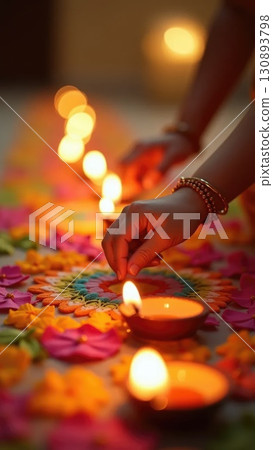 Dashahra, India. Child and Adult Hands Creating Rangoli Together with Flower Petals Dashahra, India. Child and Adult Hands Creating Rangoli Together with Flower Petals 130893798