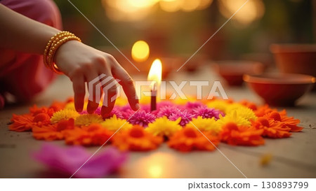 Dashahra, India. Child and Adult Hands Creating Rangoli Together with Flower Petals 130893799