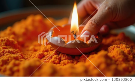 Dashahra, India. Macro Texture of Rangoli Powder and Terracotta Diya with Flame Dashahra, India. Macro Texture of Rangoli Powder and Terracotta Diya with Flame 130893800